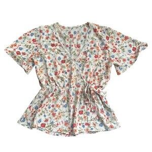 Women's Ivory Floral V Neck Blouse With Side Tie Size Large